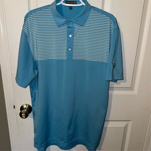 Peter Millar Men's Striped Blue Polo Golf Stretch Shirt Size M Short Sleeve